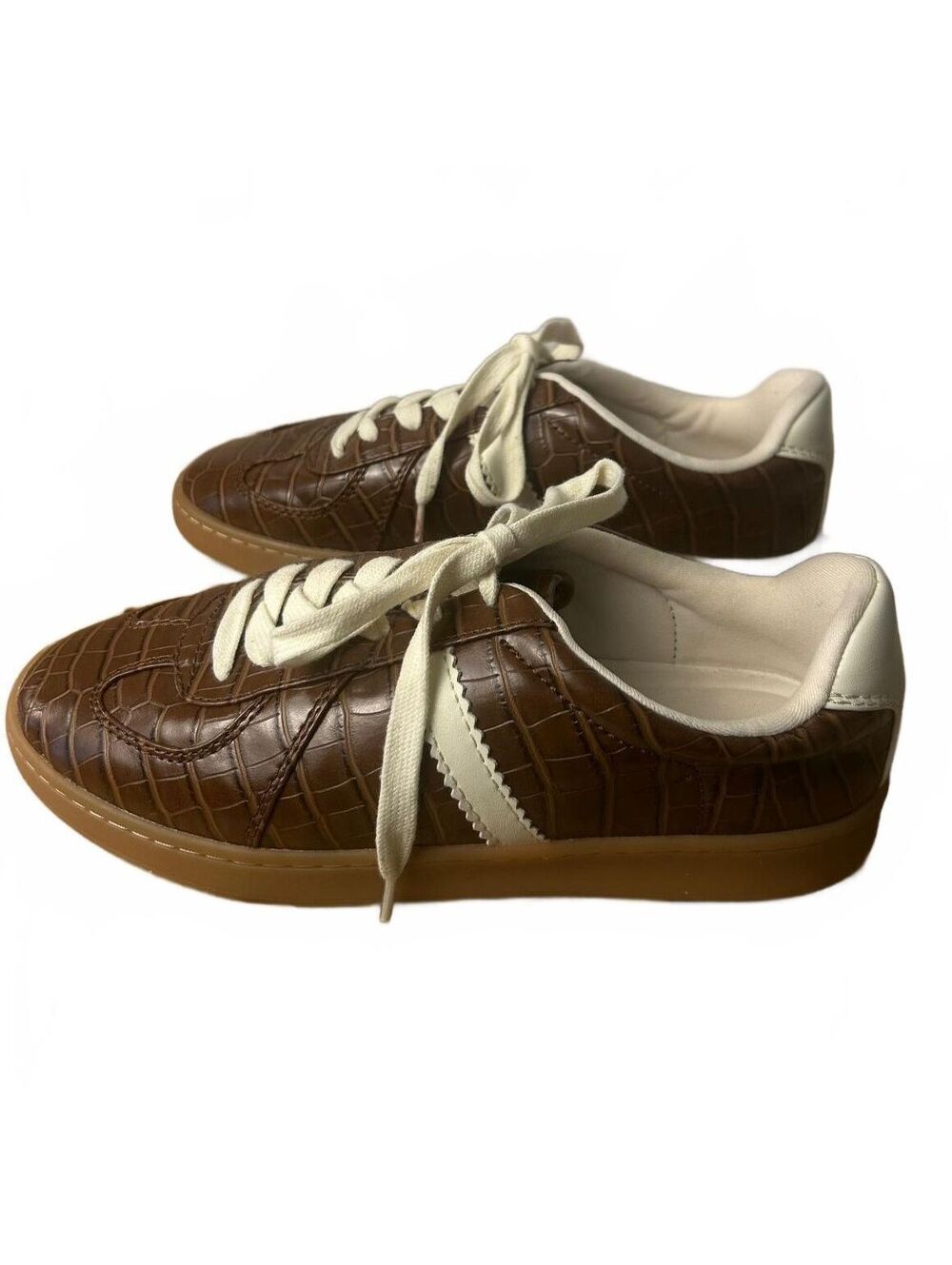 Brown Croc-Embossed Leather Sneakers with White Accents Size 7.5